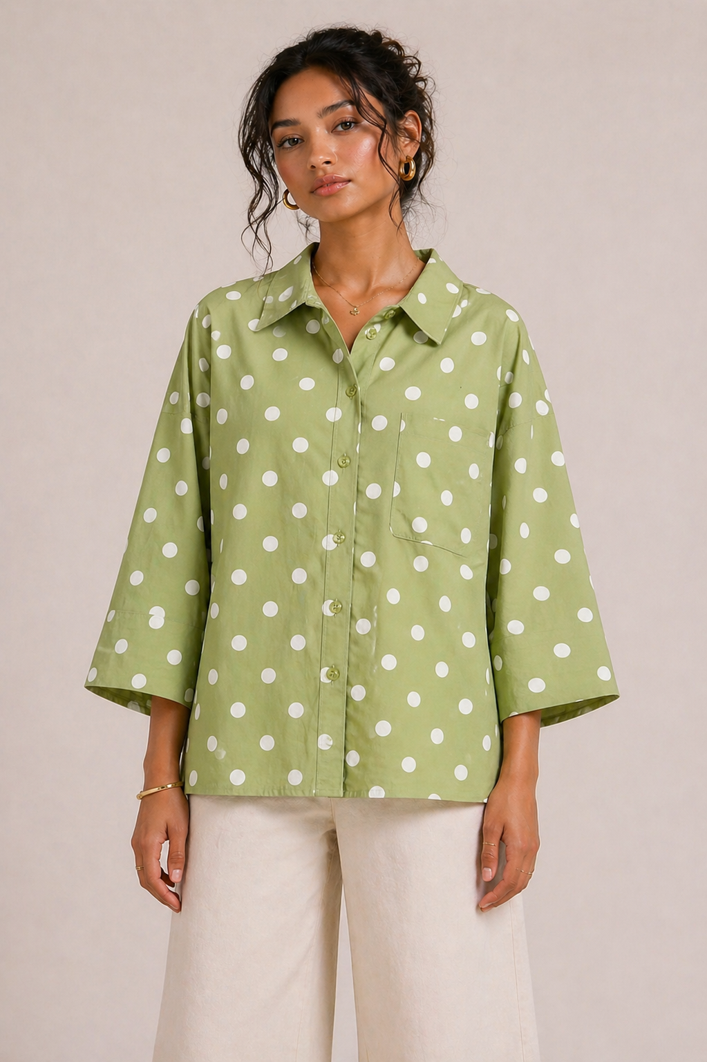 Oversized Polka Dot High Low Cotton blend Shirt