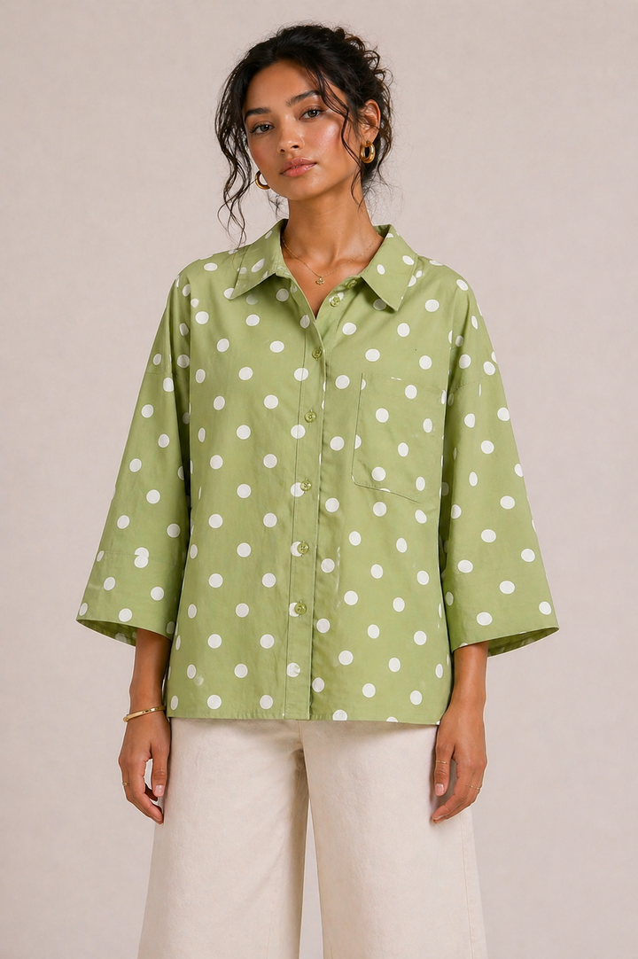 Oversized Polka Dot High Low Cotton blend Shirt