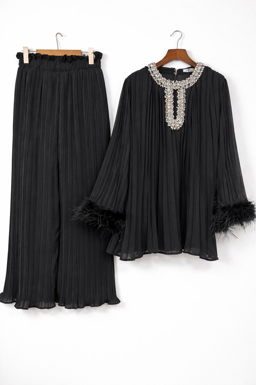 Pleated embellished neck feather cuffed sleeve co ord set