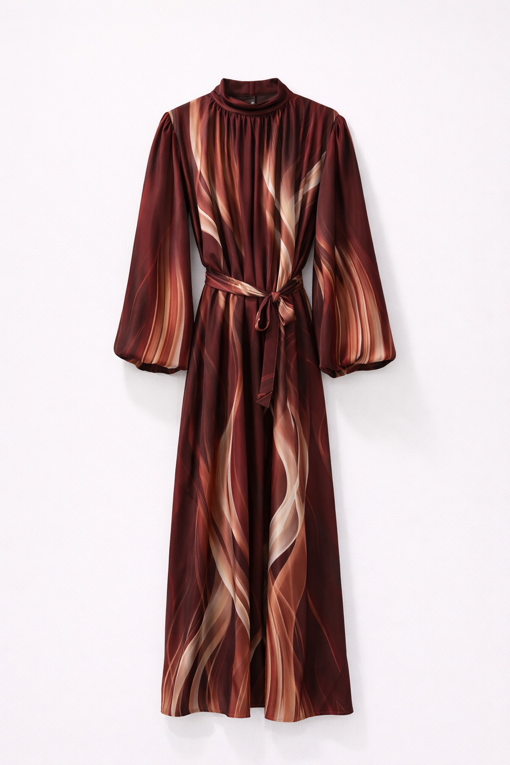 Abstract Tie-Waist Satin Midi Dress