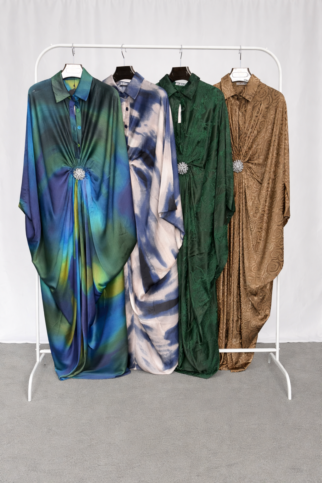 Shirt style satin kaftan dress with tapered fit