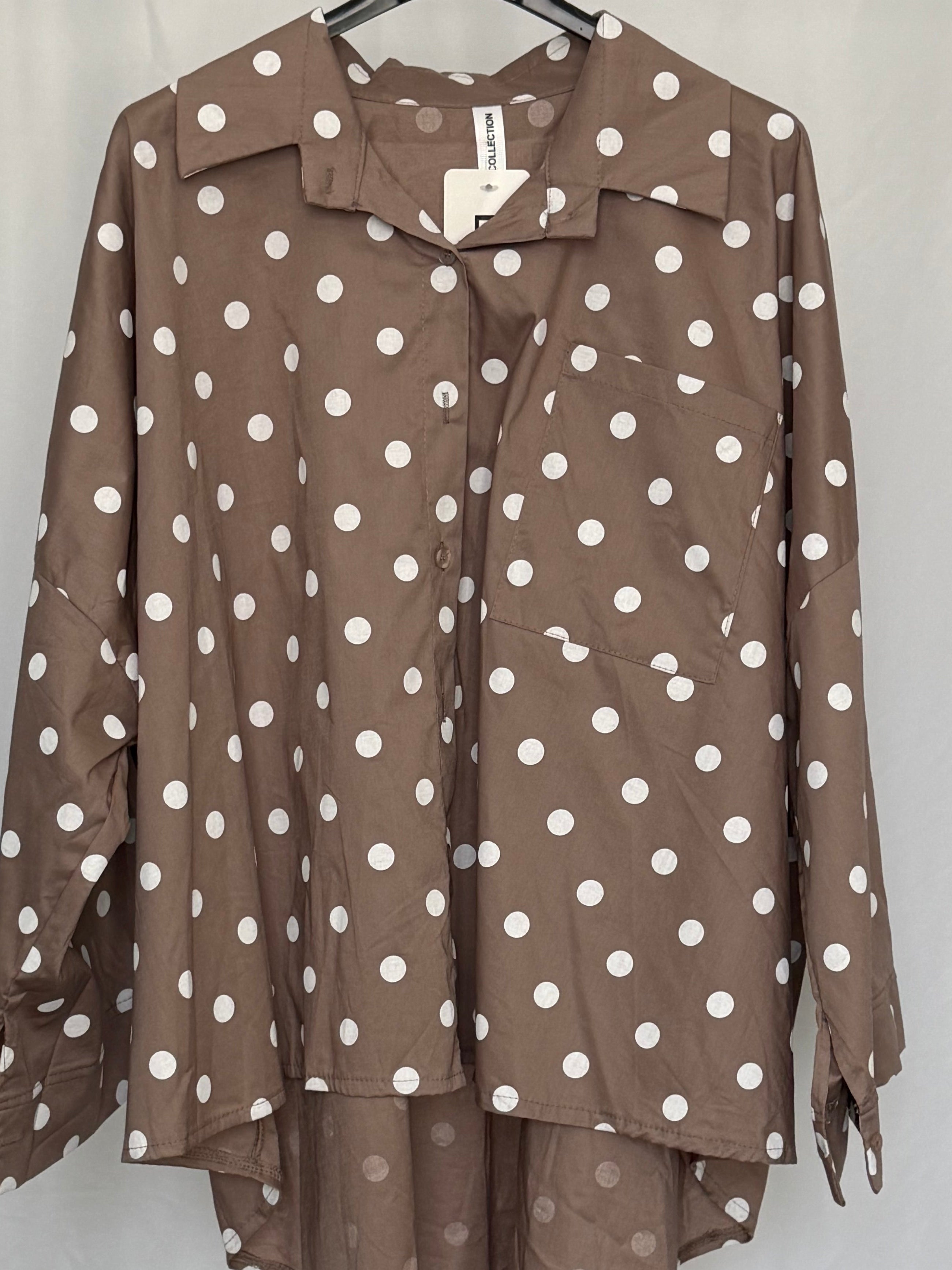 Oversized Polka Dot High Low Cotton blend Shirt