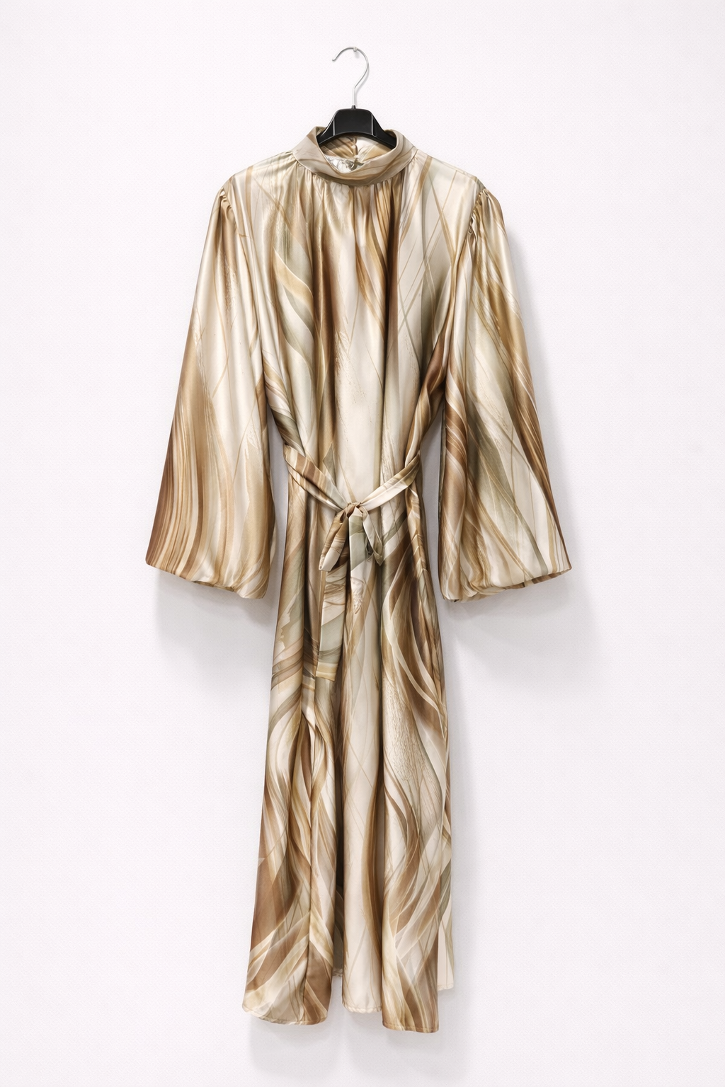 Abstract Tie-Waist Satin Midi Dress