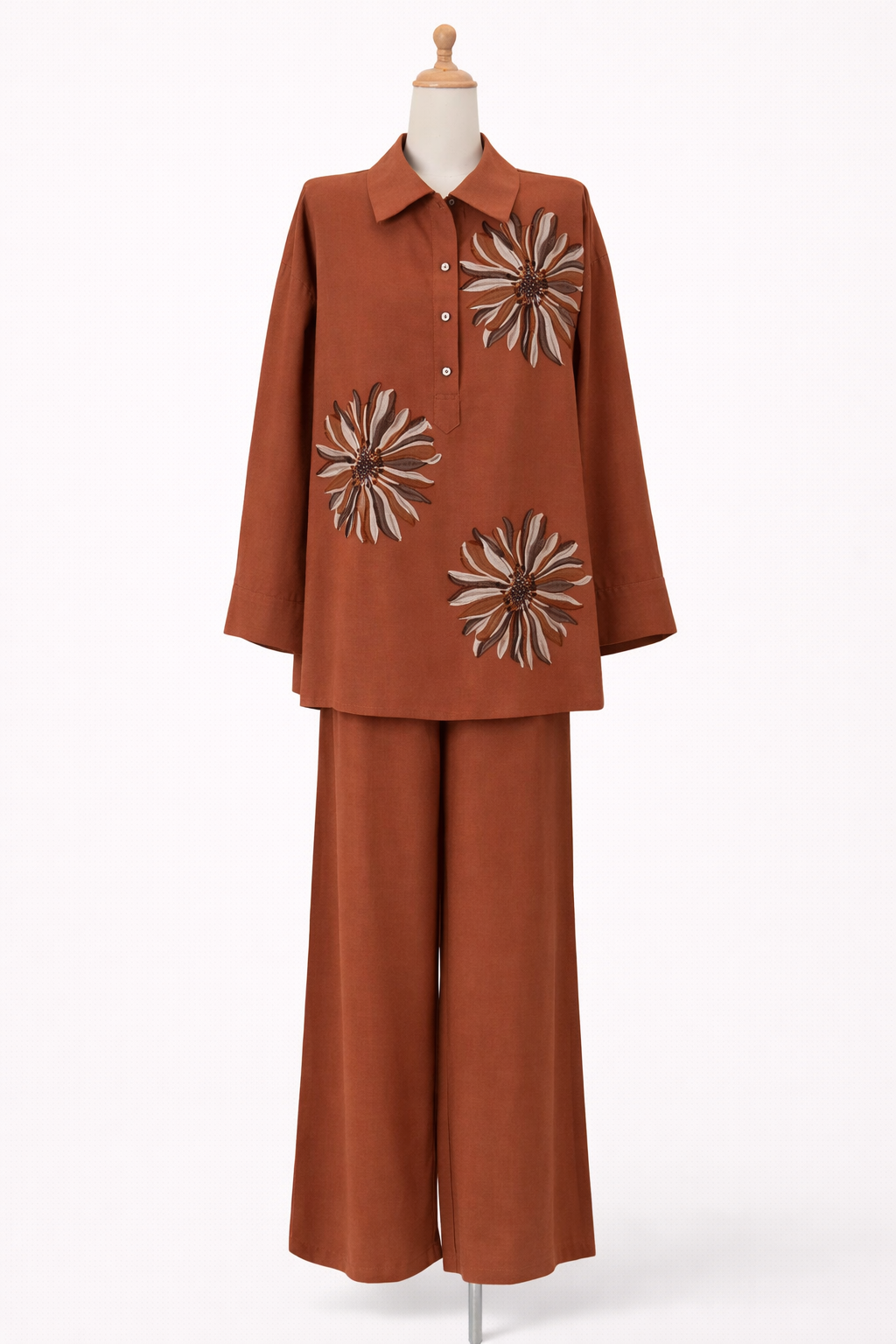 Floral embroidered modest shirt style coord set