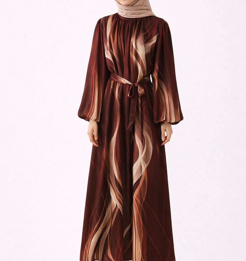 Abstract Tie-Waist Satin Midi Dress