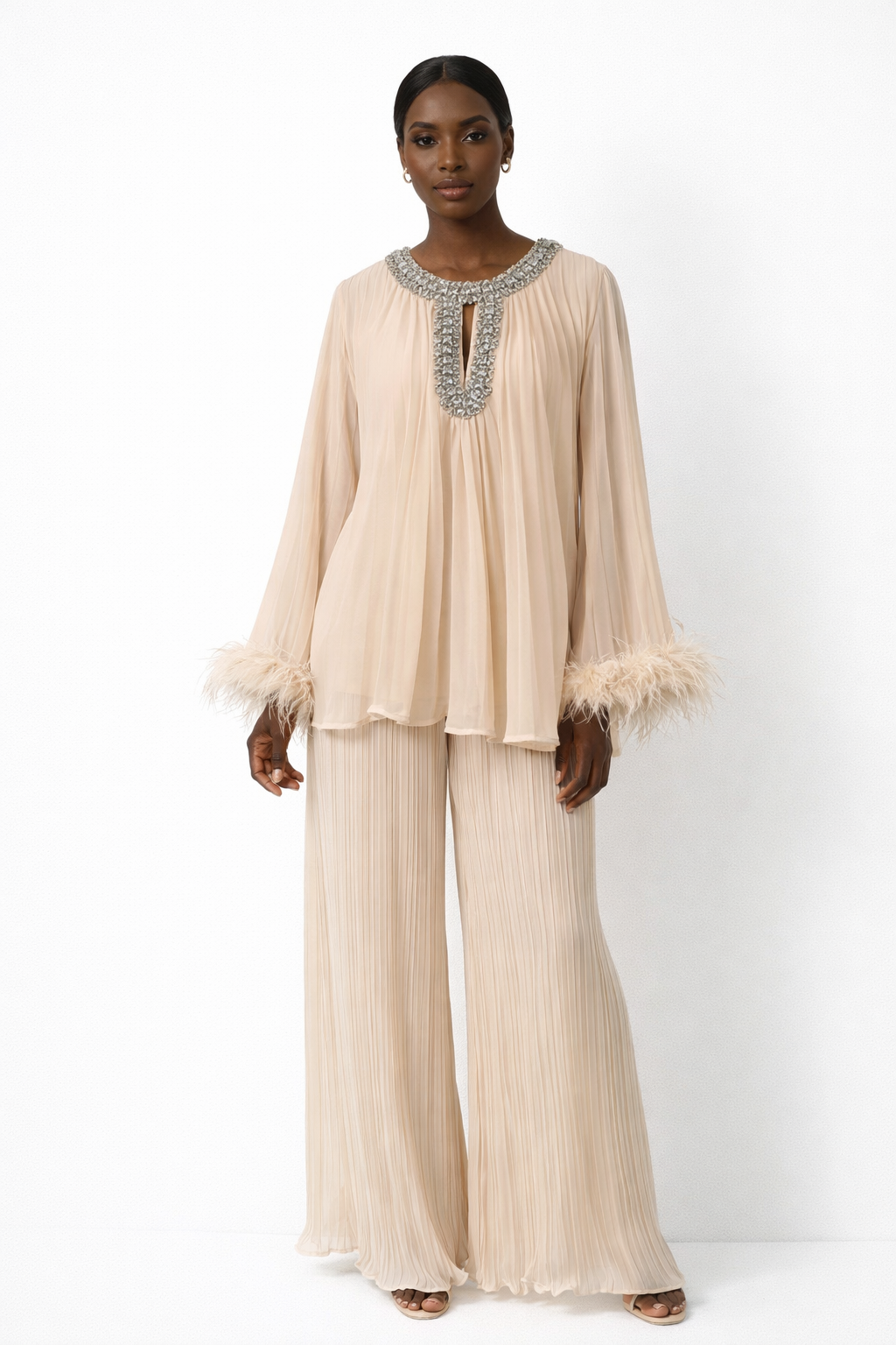 Pleated embellished neck feather cuffed sleeve co ord set