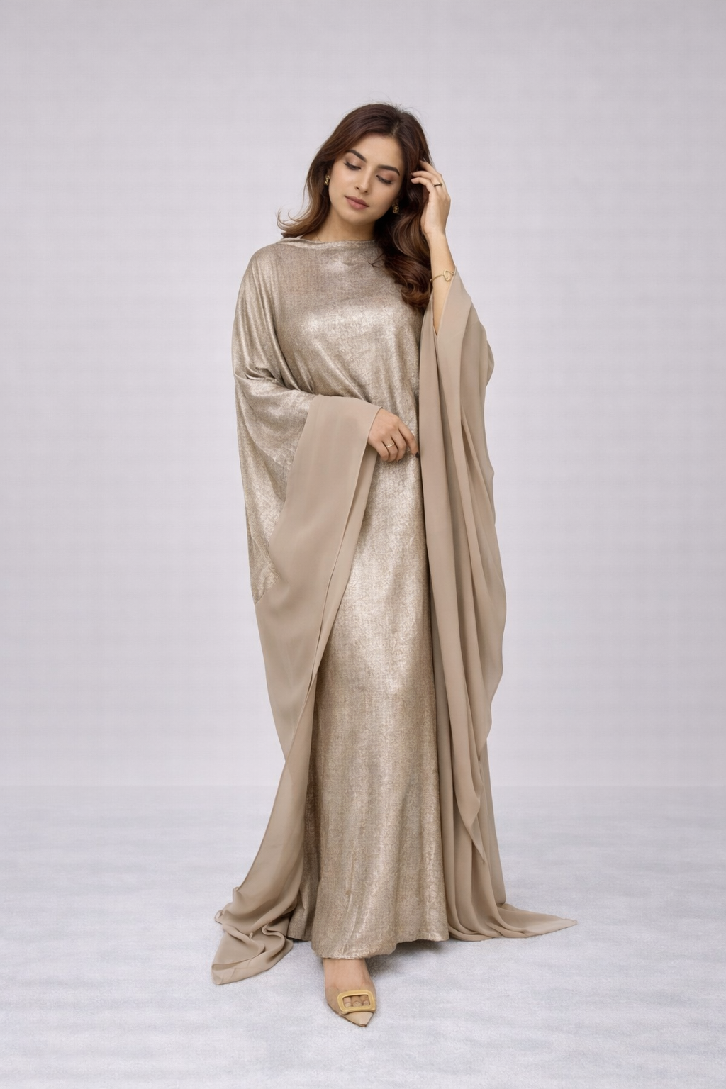 Two tone shimmer metallic tie waist abaya  kaftan
