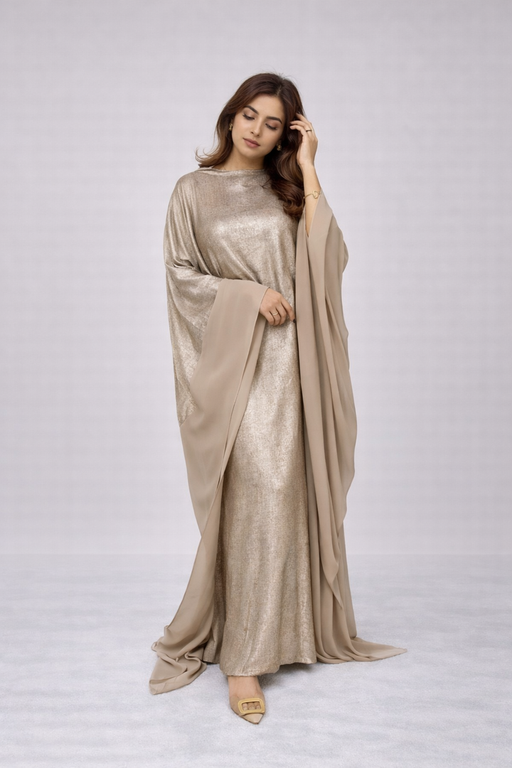 Two tone shimmer metallic tie waist abaya  kaftan