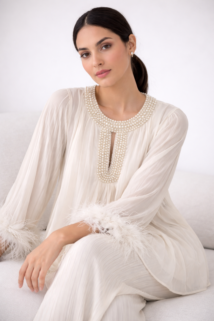 Pleated PEARL neck feather cuffed sleeve co ord set