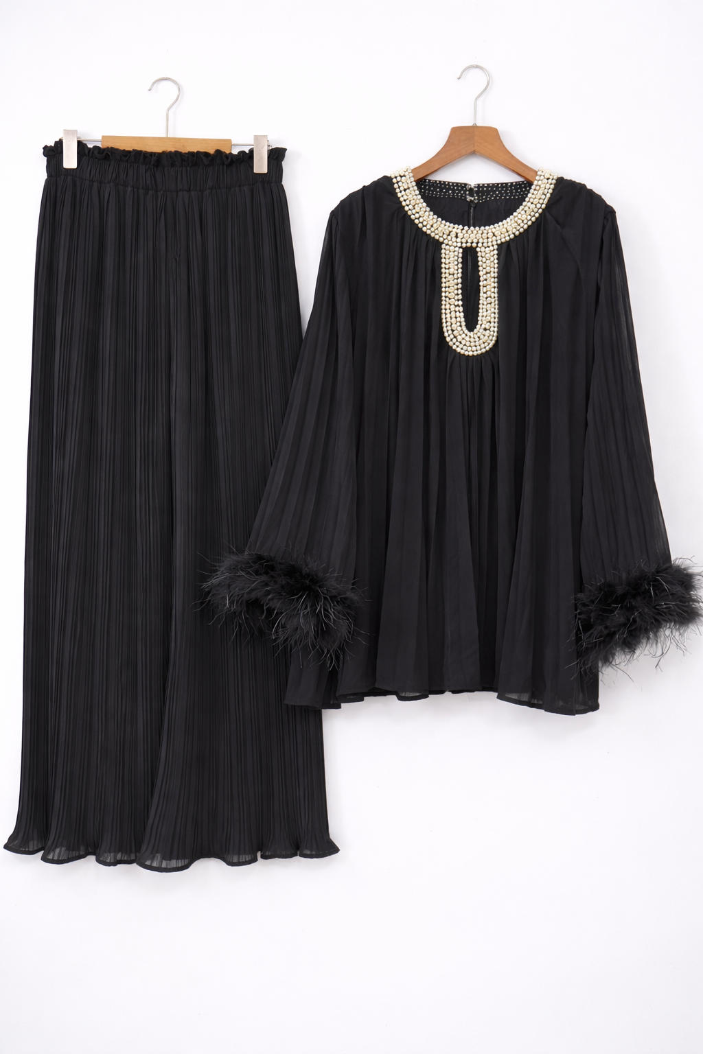 Pleated PEARL neck feather cuffed sleeve co ord set