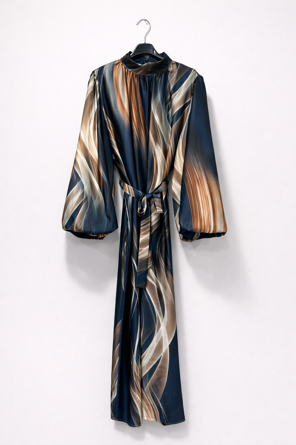 Abstract Tie-Waist Satin Midi Dress