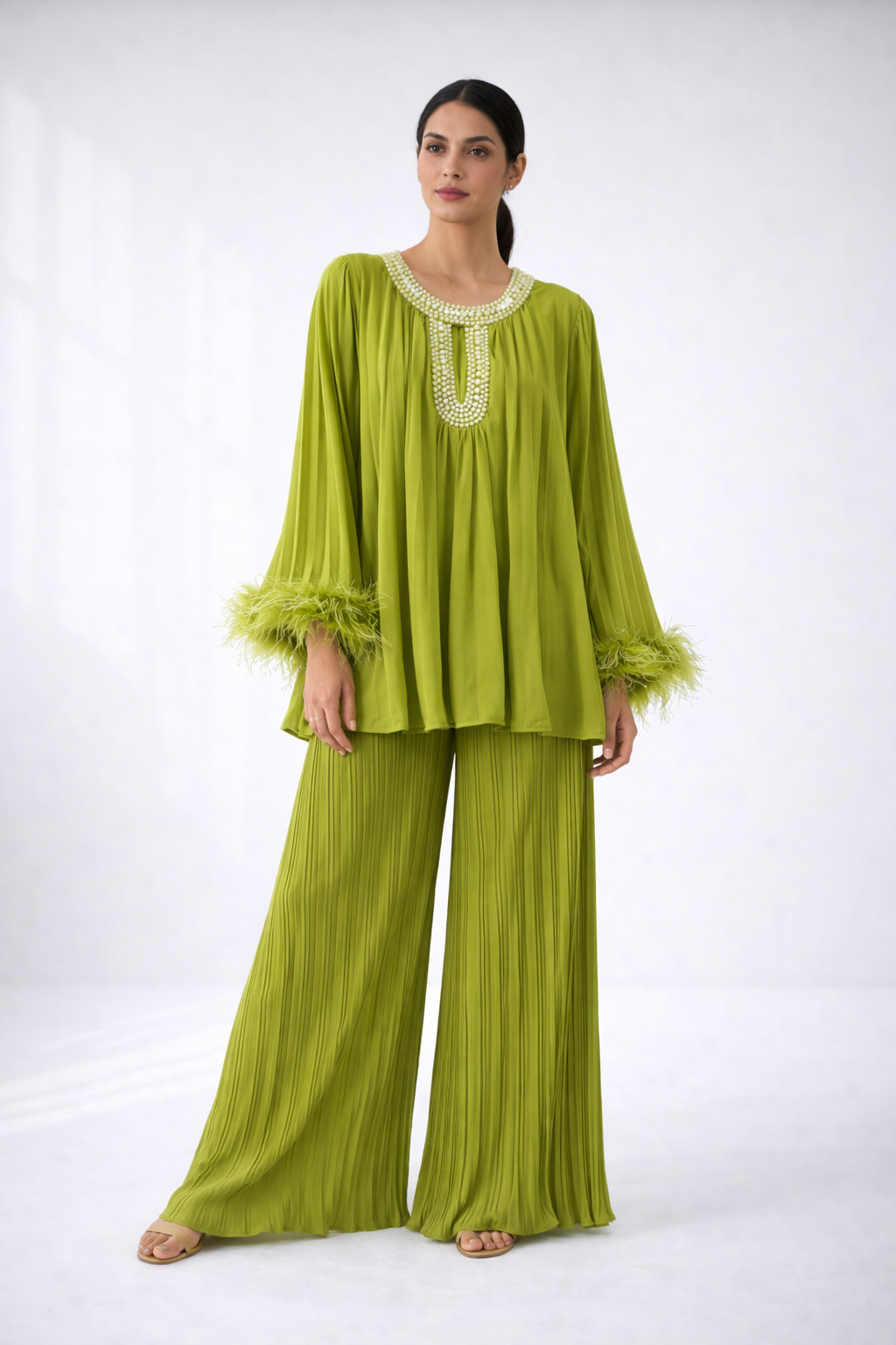 Pleated PEARL neck feather cuffed sleeve co ord set