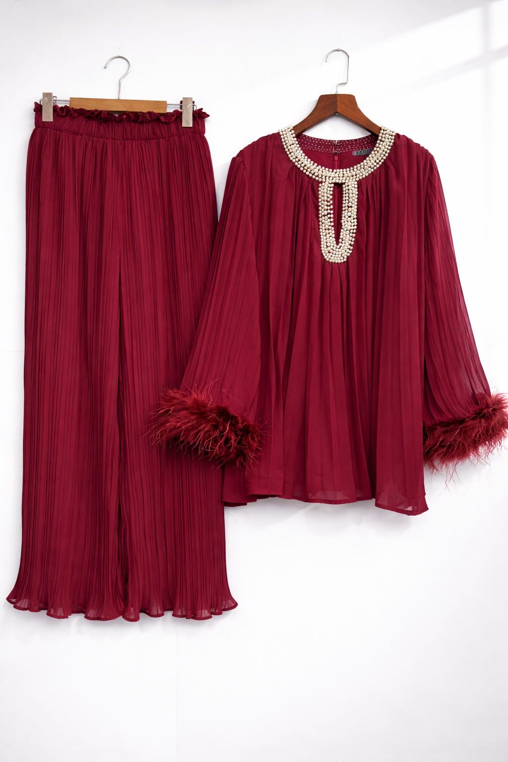 Pleated PEARL neck feather cuffed sleeve co ord set