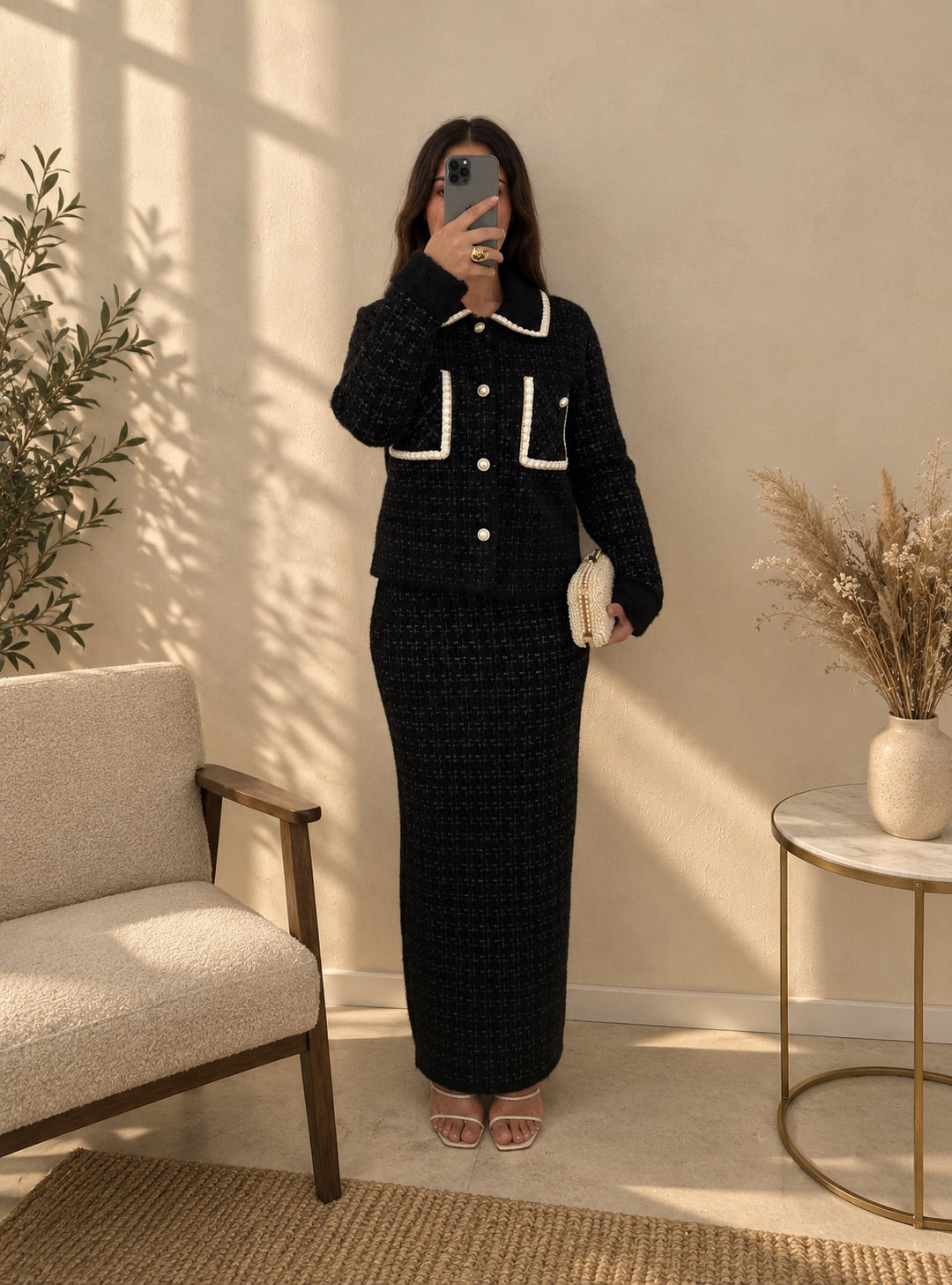 Trim Detail Tweed Skirt Set