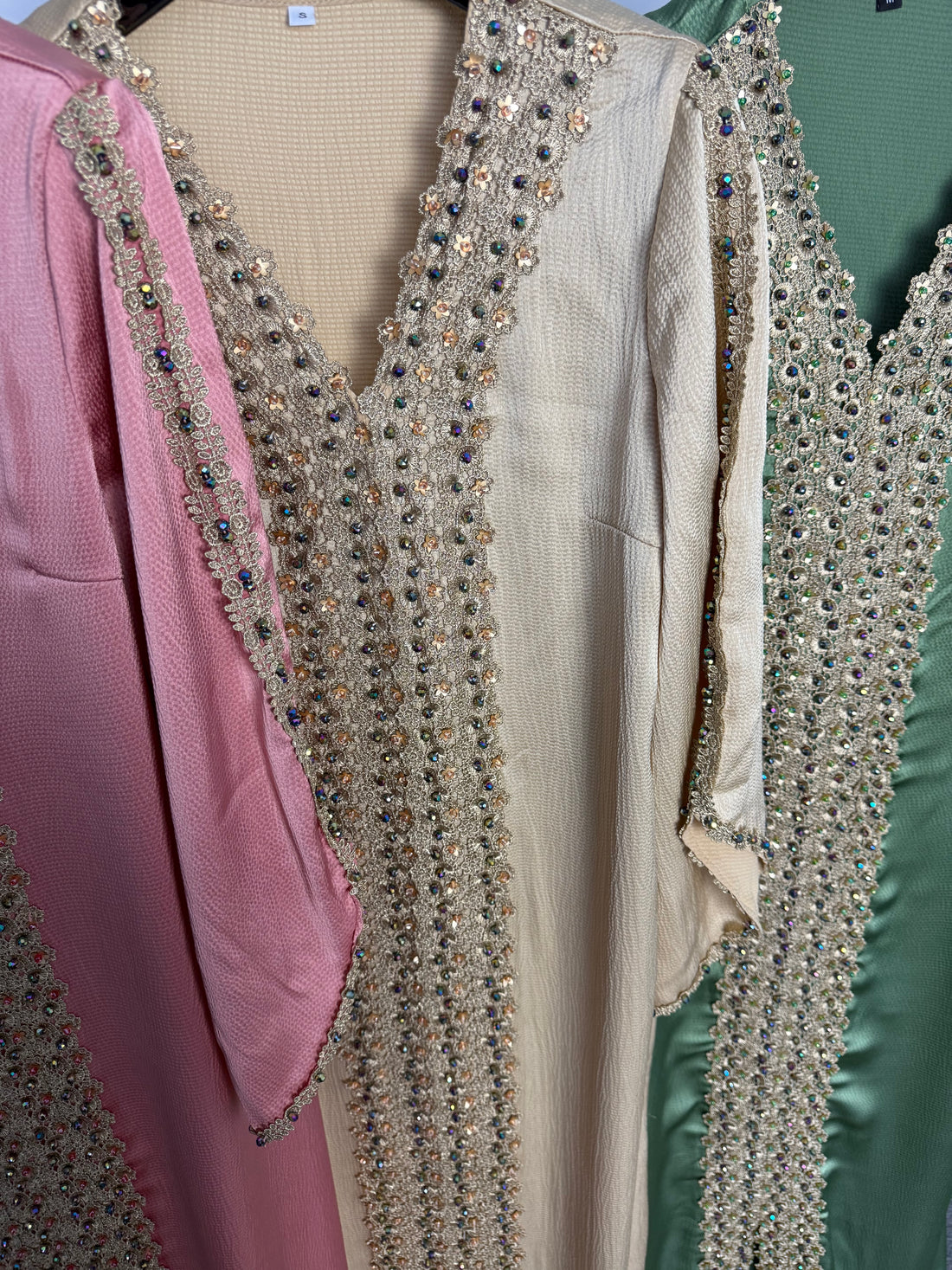 Closed lace and bead abaya style modest dress