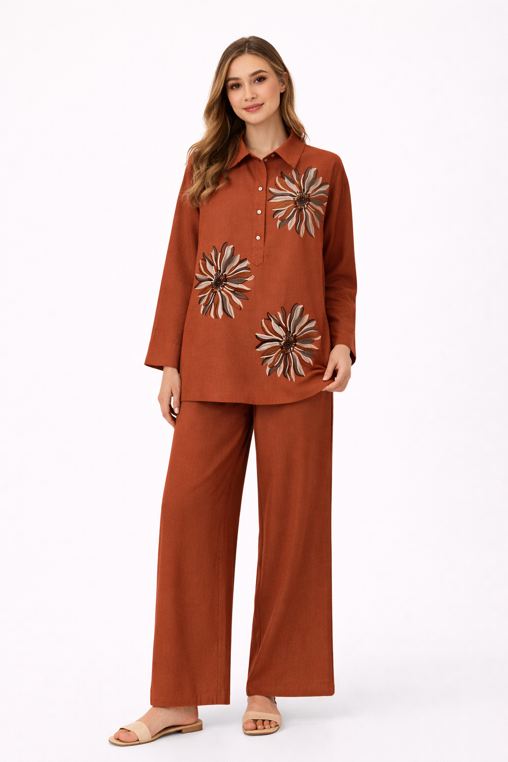 Floral embroidered modest shirt style coord set