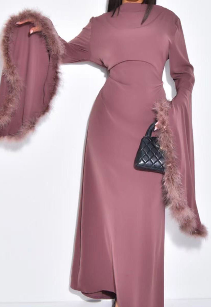 Feather sleeved maxi dress with belt