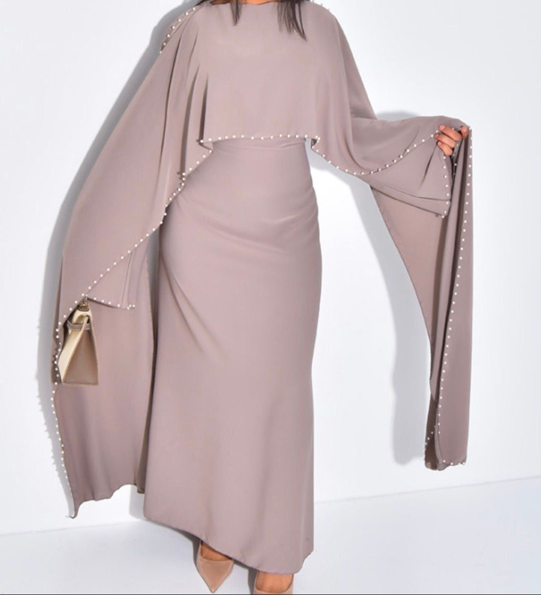 Pearl Detail cape dress with back belt