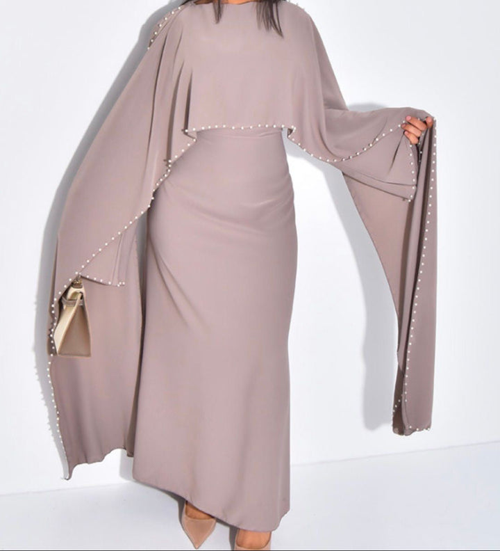 Pearl Detail cape dress with back belt