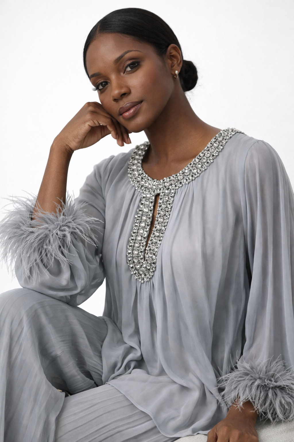 Pleated embellished neck feather cuffed sleeve co ord set