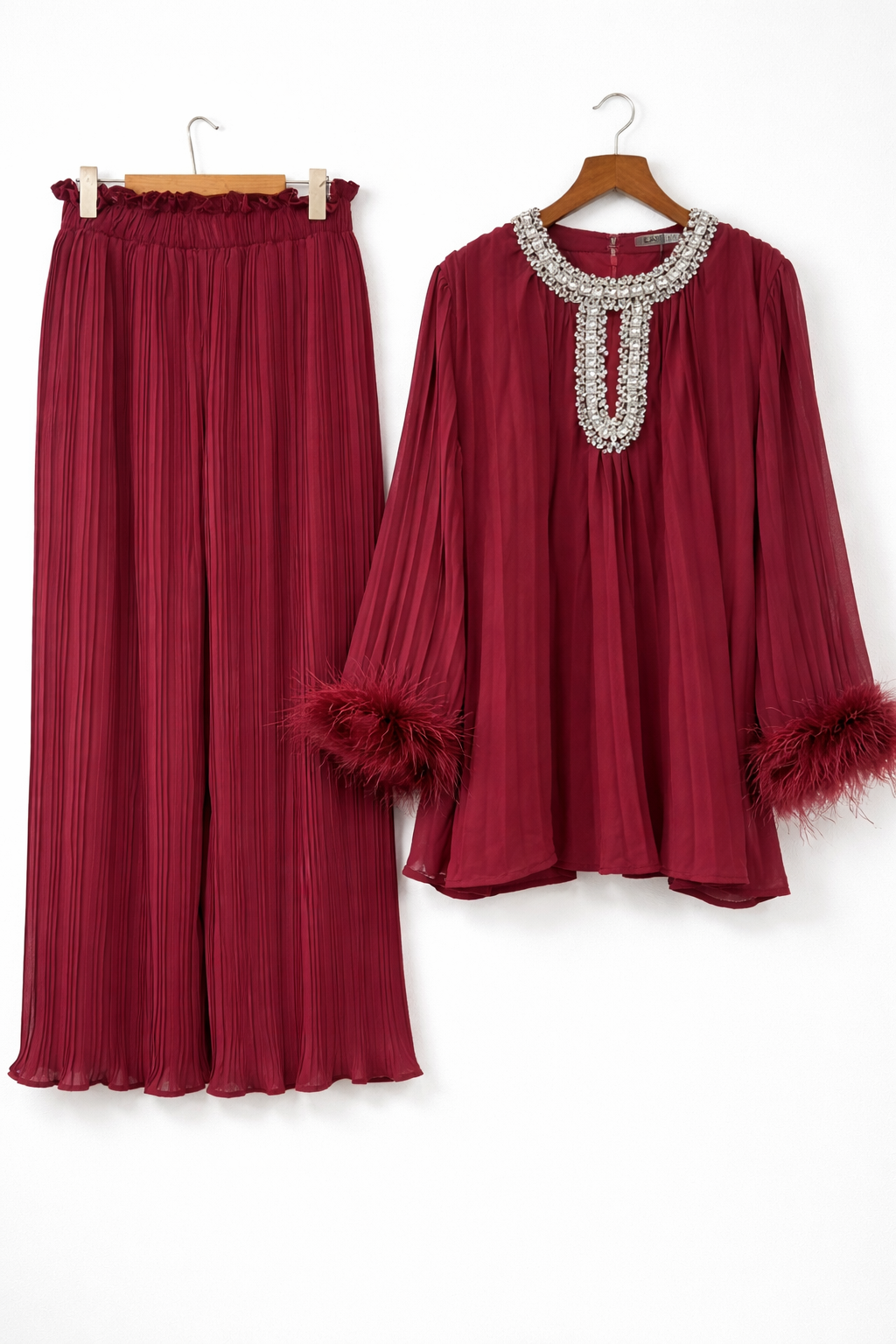 Pleated embellished neck feather cuffed sleeve co ord set