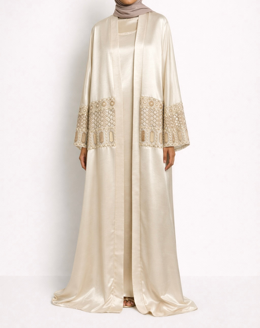 Ethnic Embellished Sleeve Satin Abaya Set