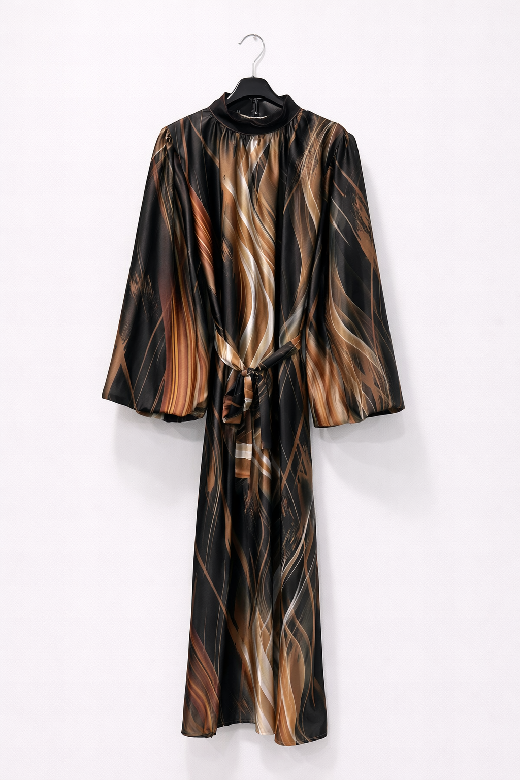 Abstract Tie-Waist Satin Midi Dress