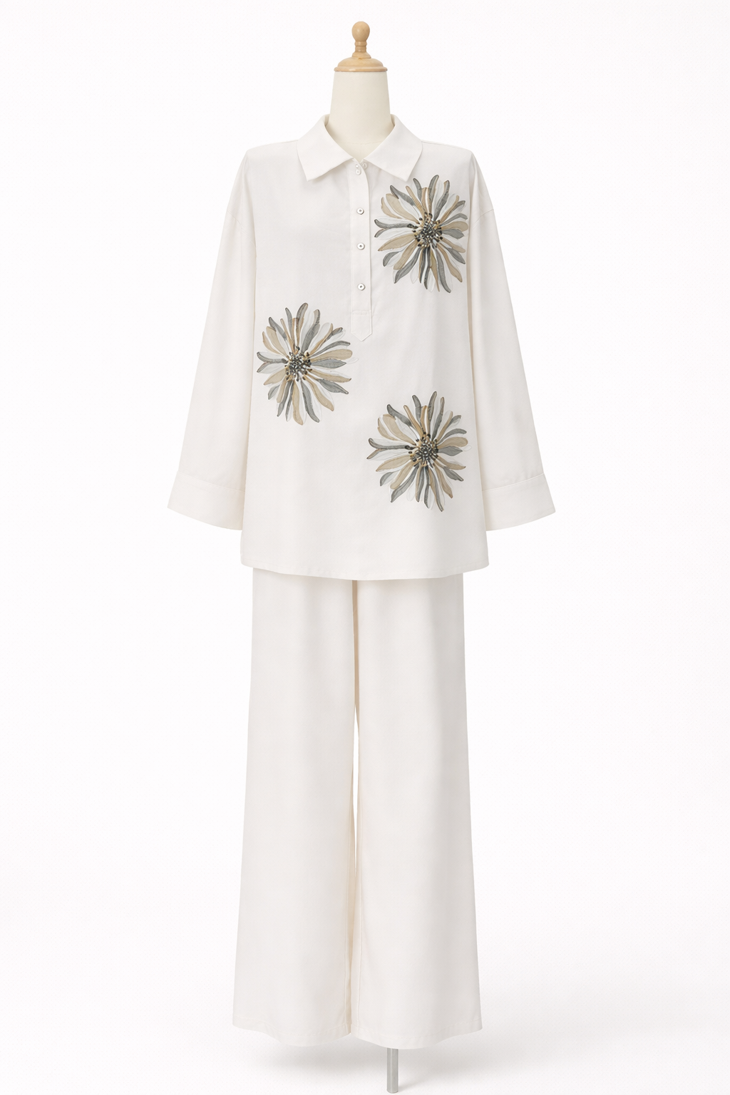 Floral embroidered modest shirt style coord set