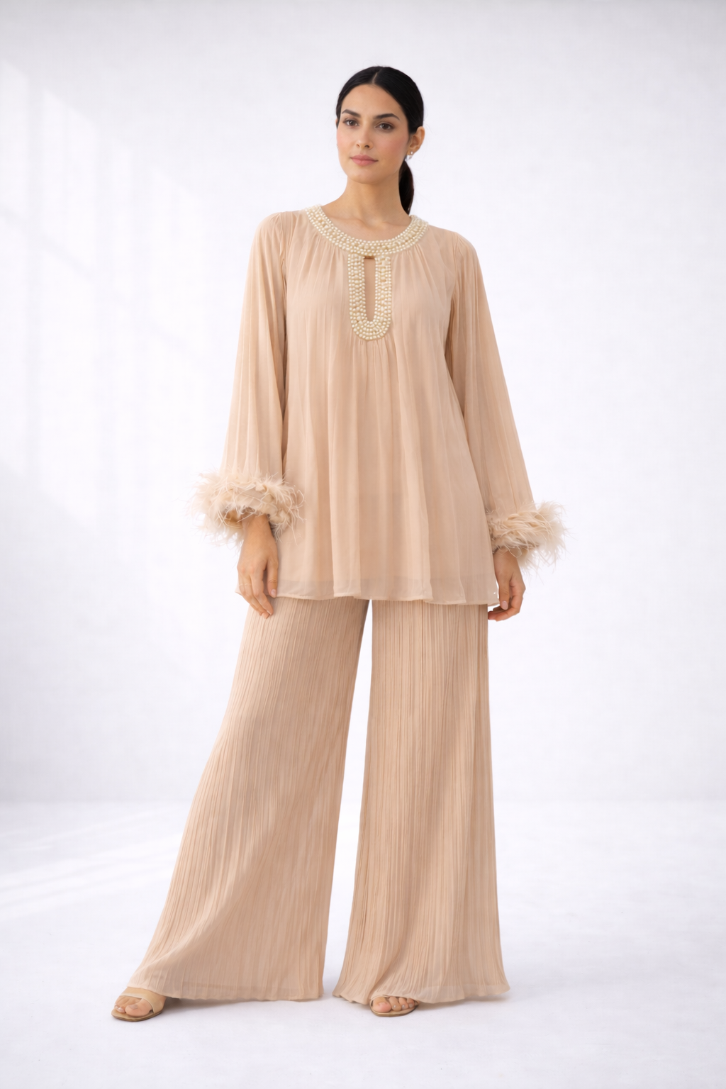 Pleated PEARL neck feather cuffed sleeve co ord set