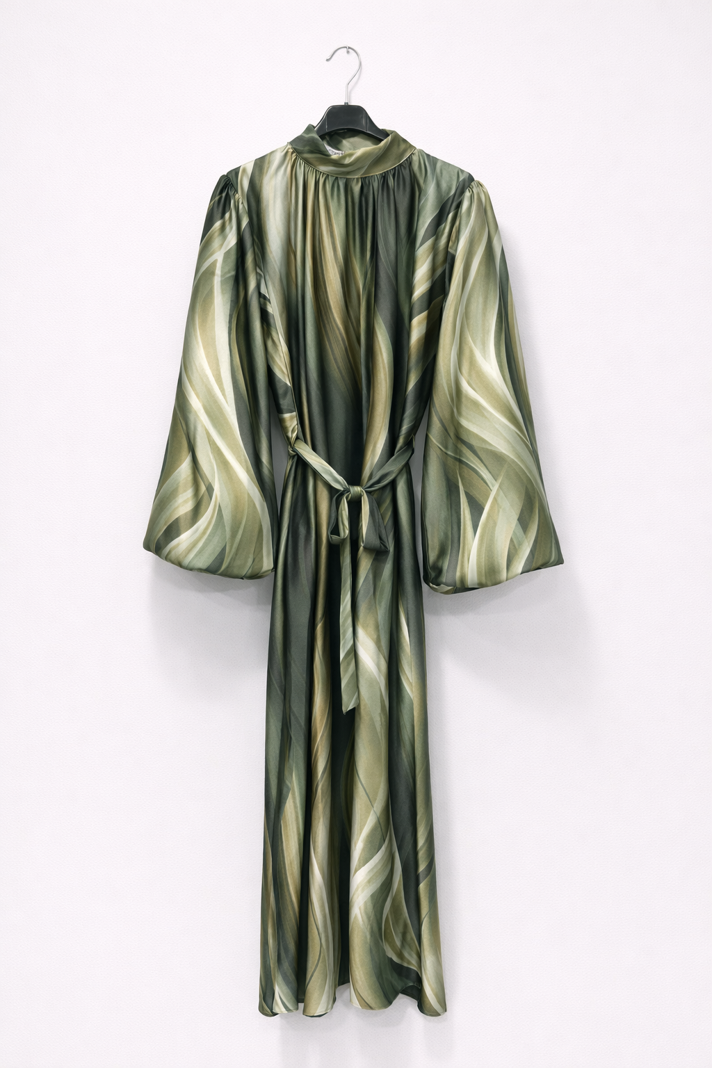 Abstract Tie-Waist Satin Midi Dress