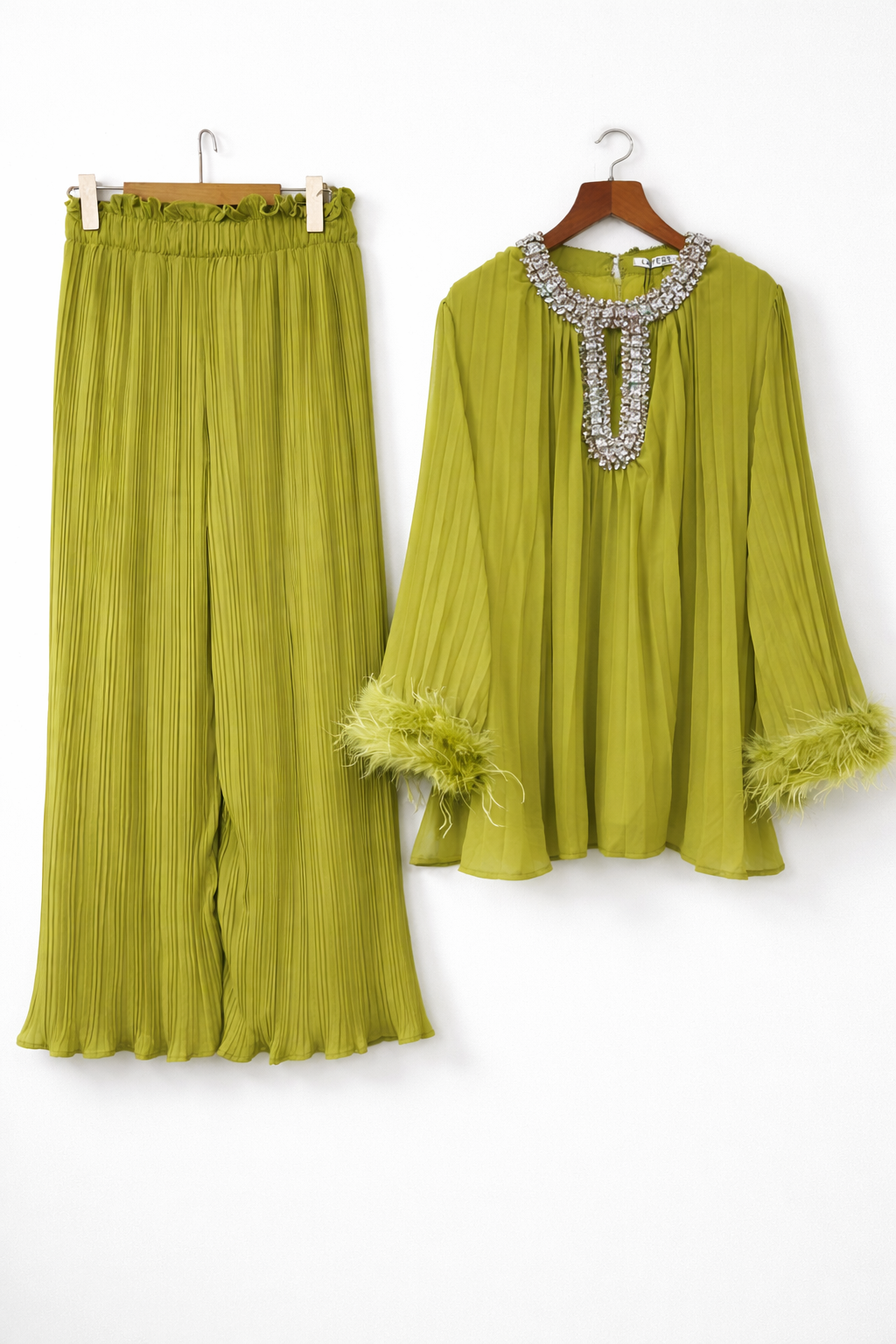Pleated embellished neck feather cuffed sleeve co ord set