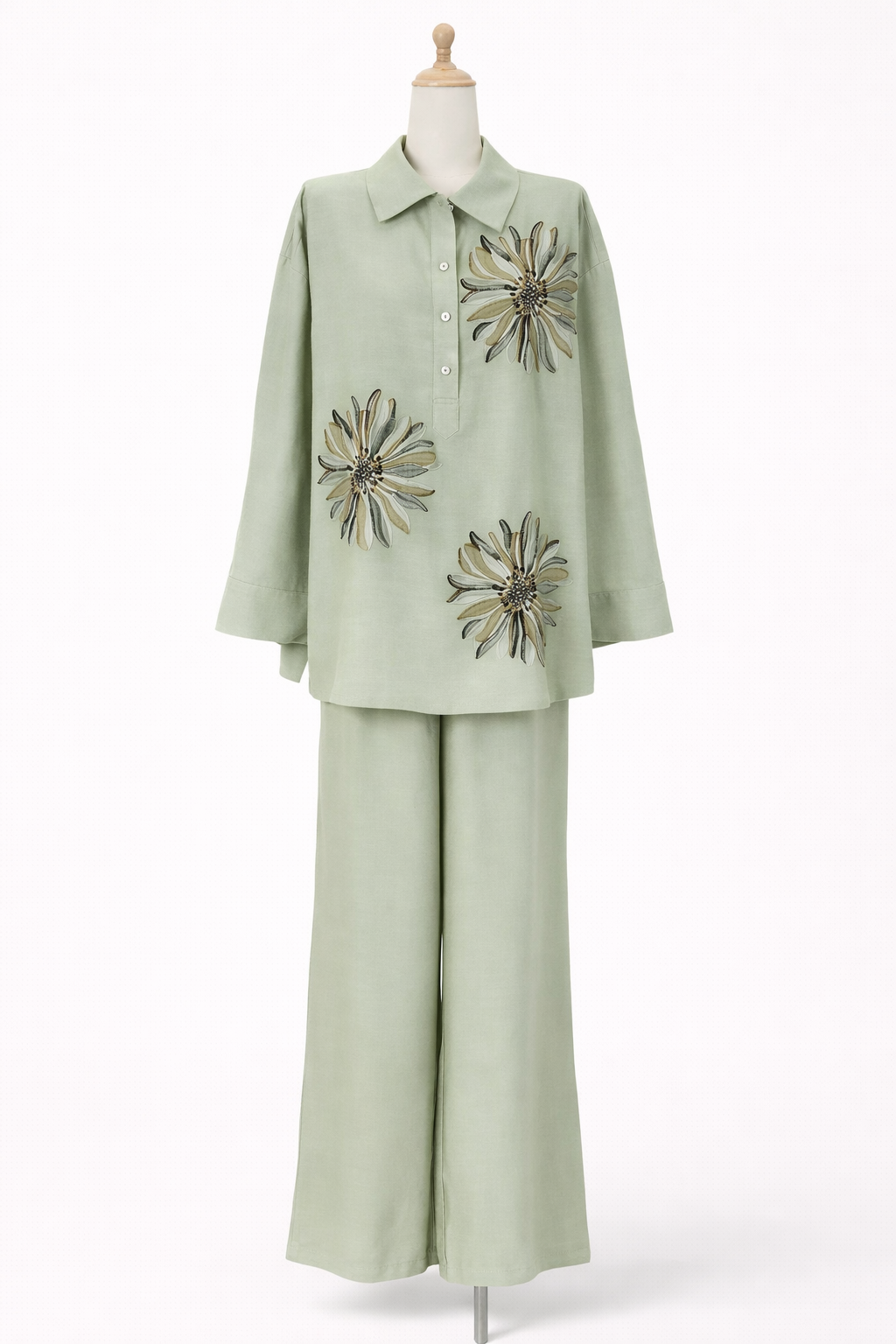 Floral embroidered modest shirt style coord set