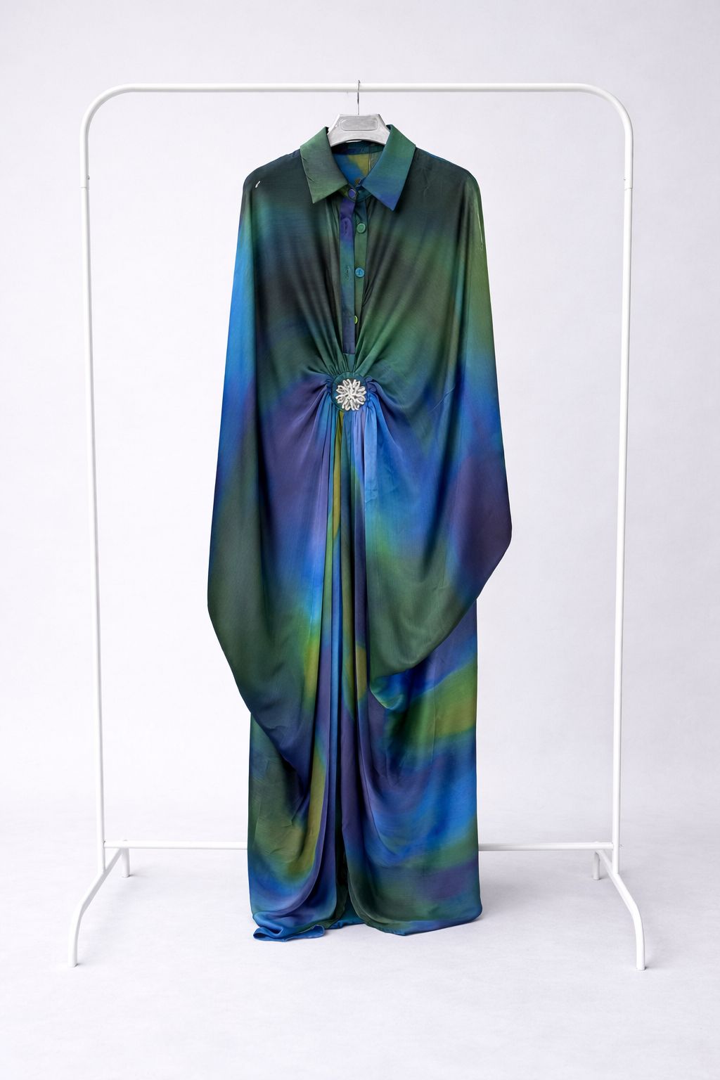 Shirt style satin kaftan dress with tapered fit