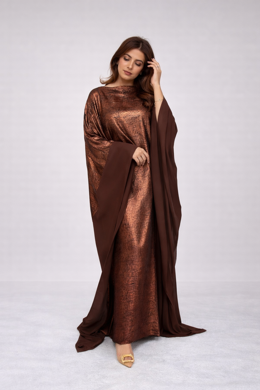 Two tone shimmer metallic tie waist abaya  kaftan