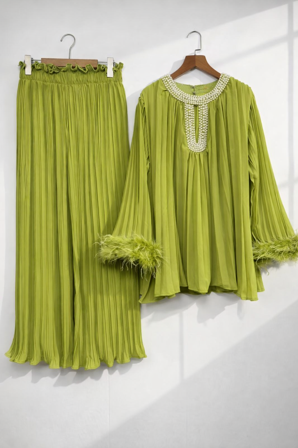 Pleated PEARL neck feather cuffed sleeve co ord set