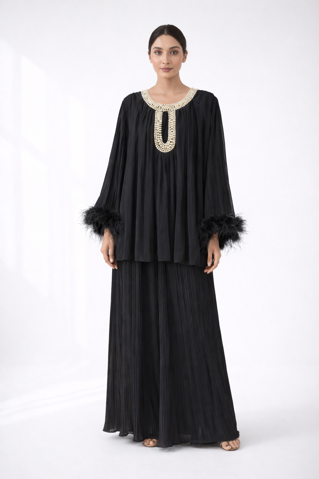 Pleated PEARL neck feather cuffed sleeve co ord set