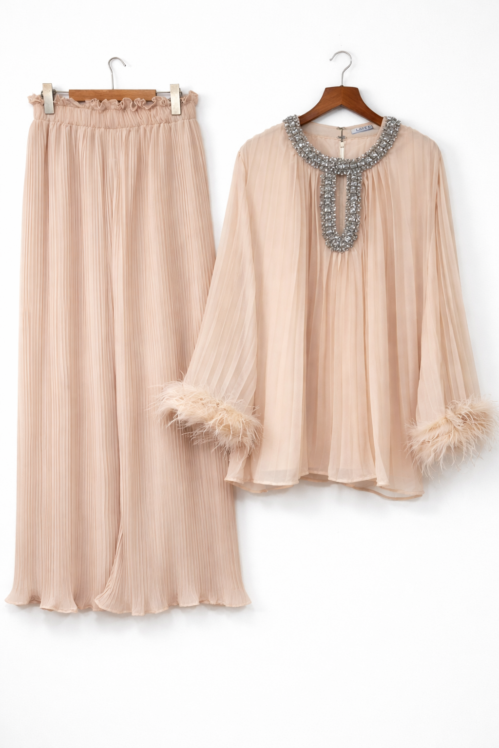 Pleated embellished neck feather cuffed sleeve co ord set
