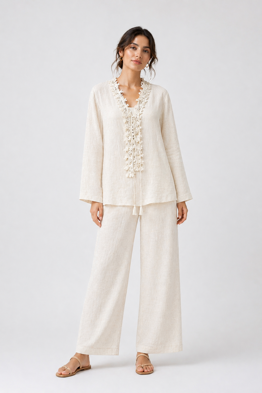 Lace Detailed Neck Cotton Co Ord Set