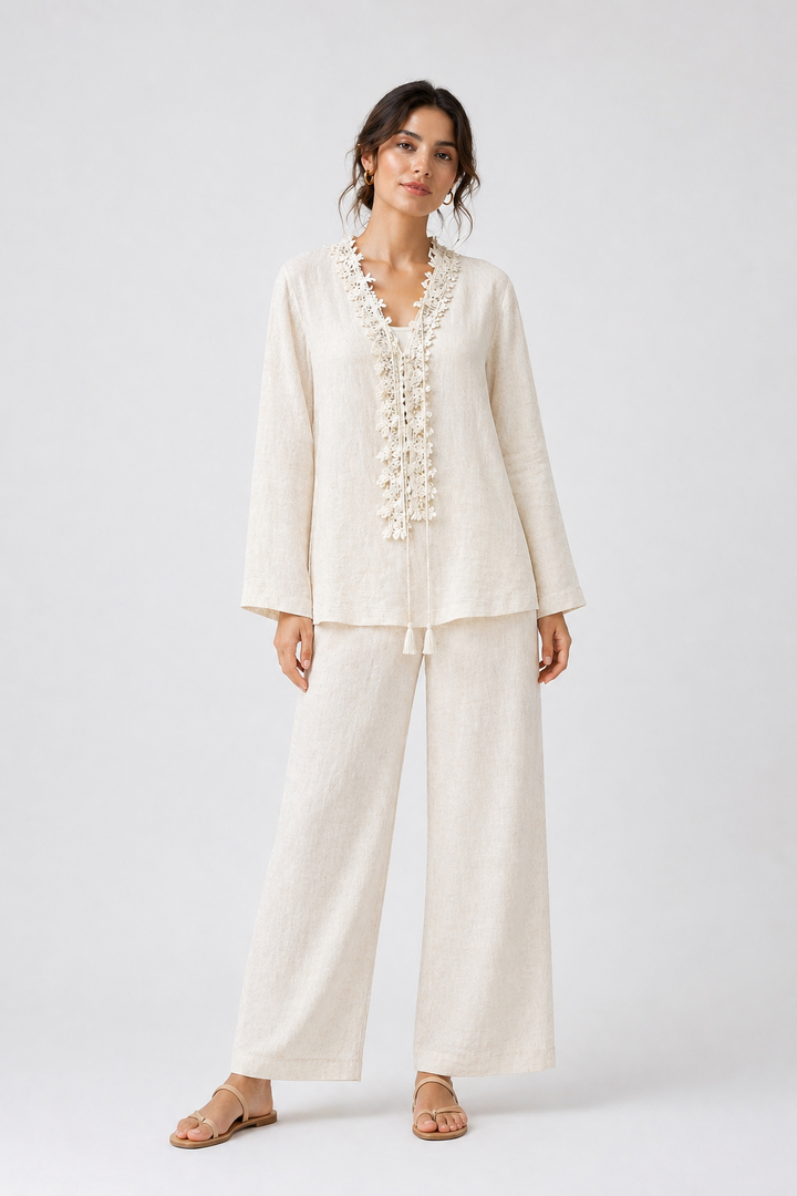 Lace Detailed Neck Cotton Co Ord Set