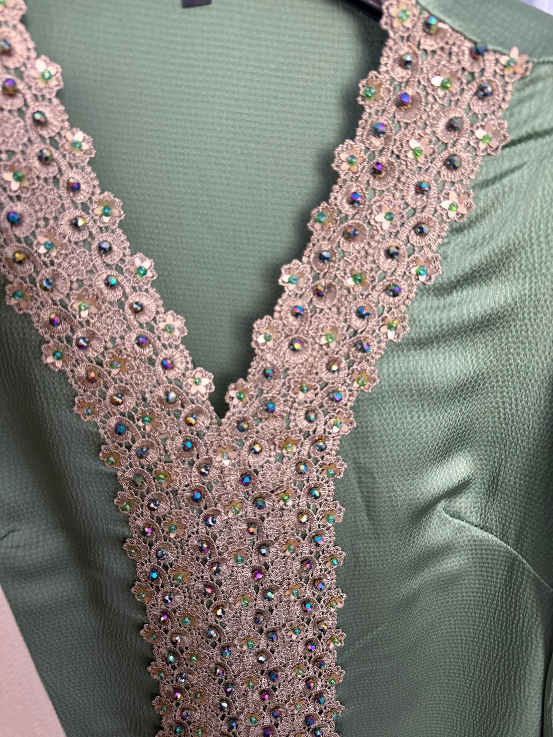 Closed lace and bead abaya style modest dress