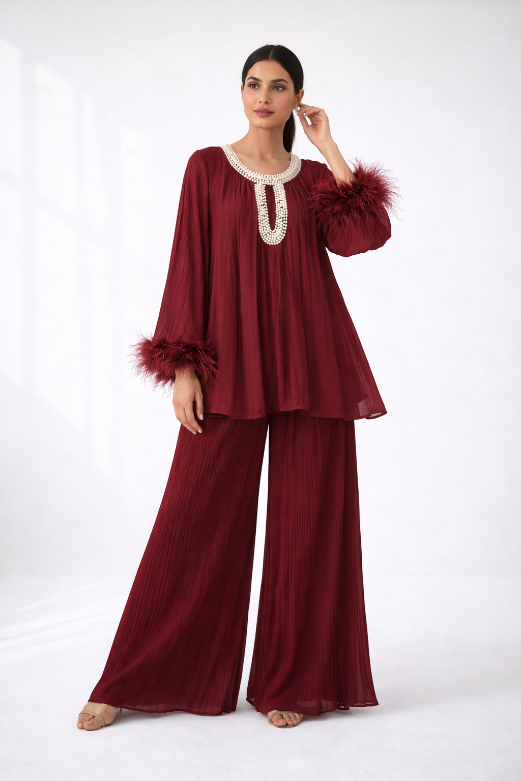 Pleated PEARL neck feather cuffed sleeve co ord set