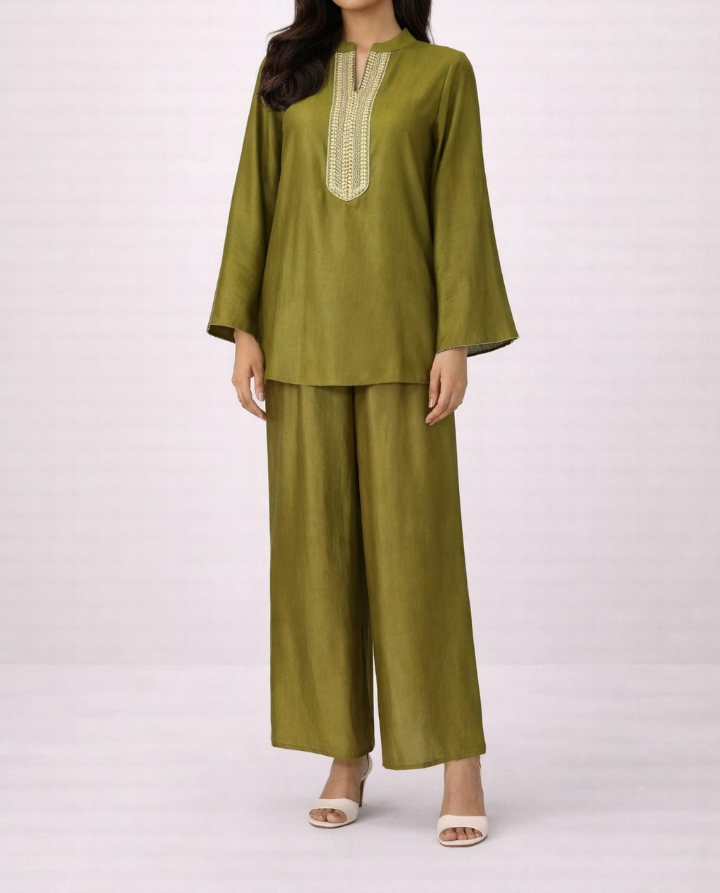 Embroidered V-Neck Organza style Set with matching trousers