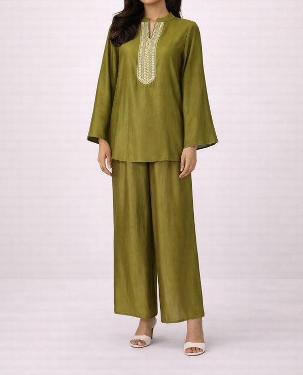 Embroidered V-Neck Organza style Set with matching trousers