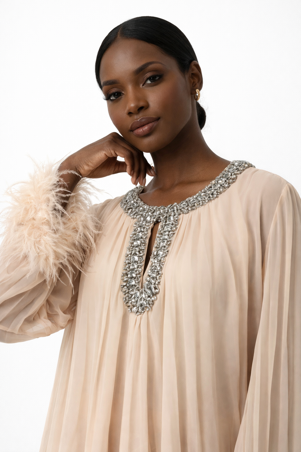 Pleated embellished neck feather cuffed sleeve co ord set