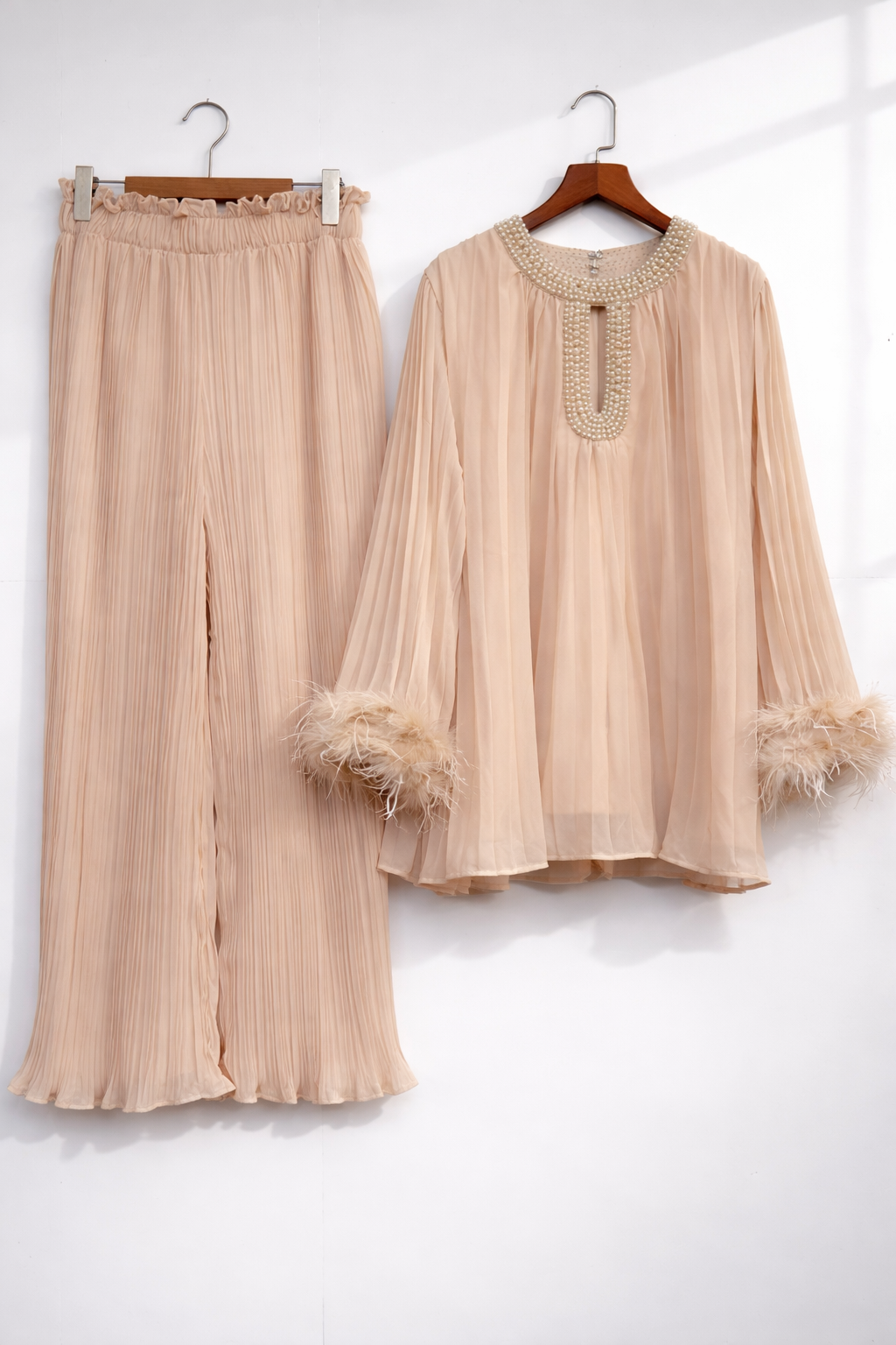 Pleated PEARL neck feather cuffed sleeve co ord set