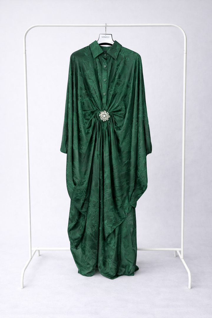Shirt style satin kaftan dress with tapered fit