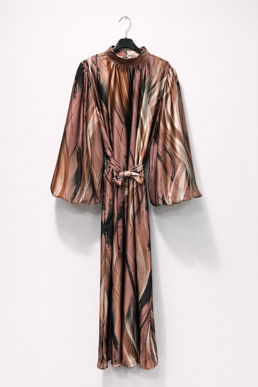 Abstract Tie-Waist Satin Midi Dress