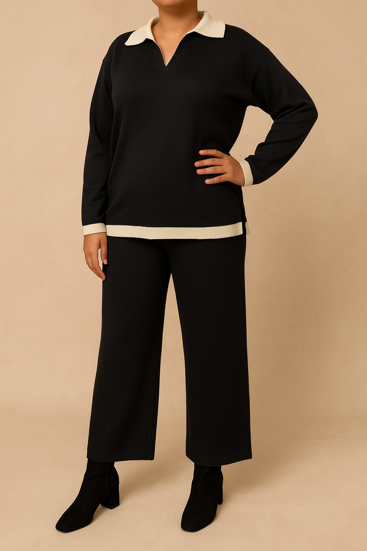 Collar detail knitted V-neck jumper set with matching trouser