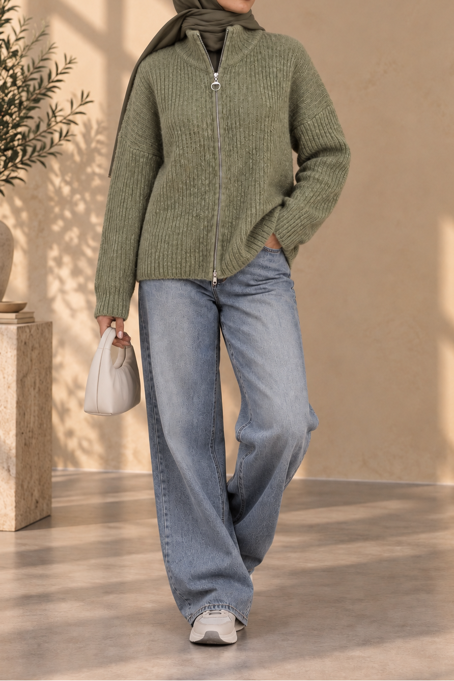 Ribbed Zip Knit Cardigan