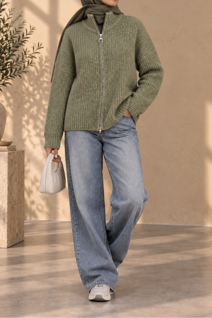 Ribbed Zip Knit Cardigan